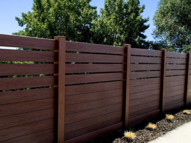 Installed Fence In Spokane - Dark Walnut Horizontal Vinyl Privacy